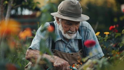 A senior man meticulously tending to his lush garden - representing an active lifestyle and the therapeutic benefits of nature in later life - wide format