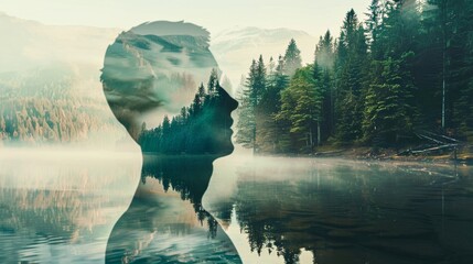 A digital composite merges a man's profile with serene nature, depicting a union of human and the environment - Powered by Adobe