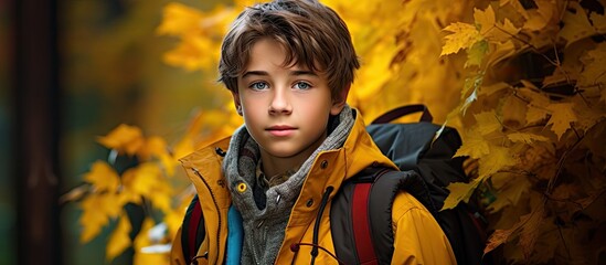Adventurous Young Boy with Backpack Explores Nature in a Lush Forest - obrazy, fototapety, plakaty