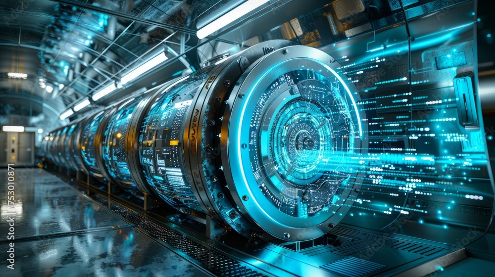 Poster secure financial technology vault door with futuristic interface. the concept of robust security mea