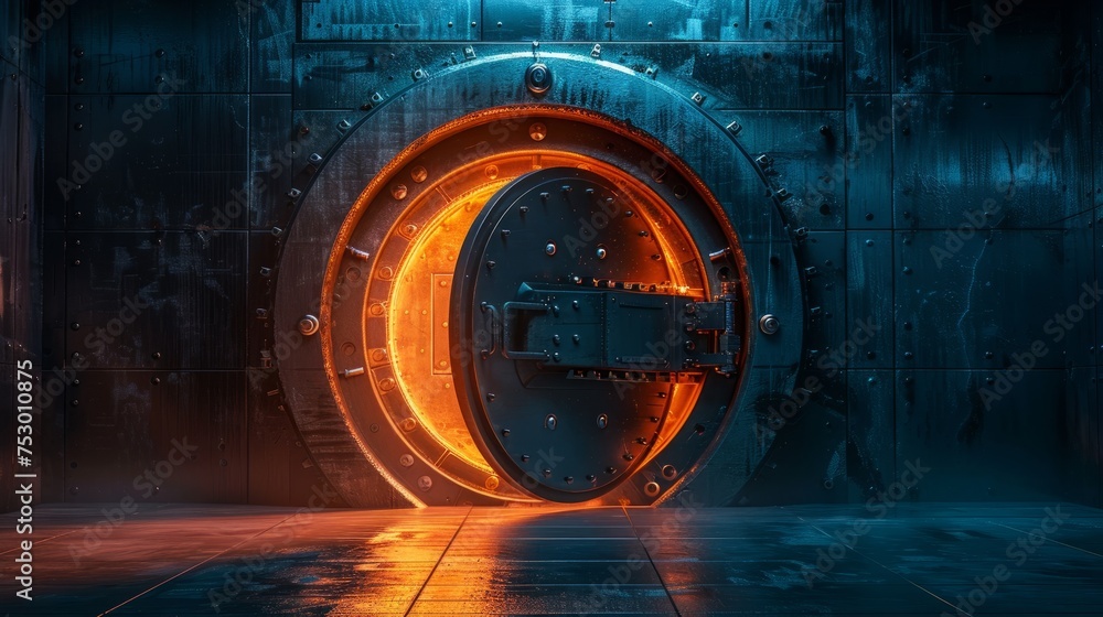 Poster secure financial technology vault door with futuristic interface. the concept of robust security mea