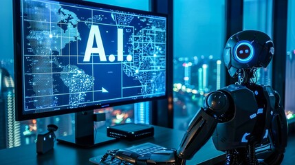 An AI robot stands in front of a complex digital interface, representing futuristic technology and innovation