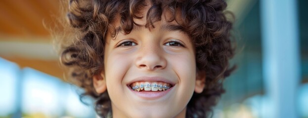closeup portrait of smiling smart curly haired school boy wearing braces on teeth looking at camera 
