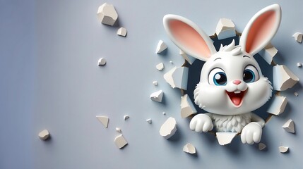 3D Easter bunny poster peeking out of a hole in the wall, rabbit jumps out of a torn hole - obrazy, fototapety, plakaty