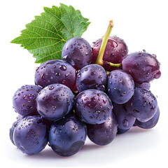 A bunch of purple grapes, a seedless fruit, on a white background