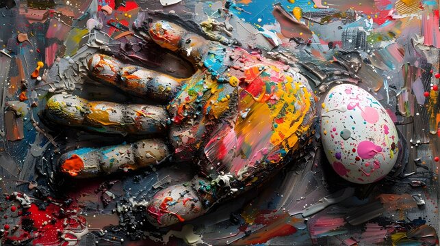 Vibrant Hand Painting with Expressive Strokes and Egg Imagery, To convey a sense of individuality and creativity through a bold and expressive hand
