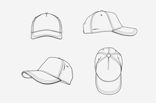 2d illustration of cap. Outline vector image set. Top, front, side and  perspective view.