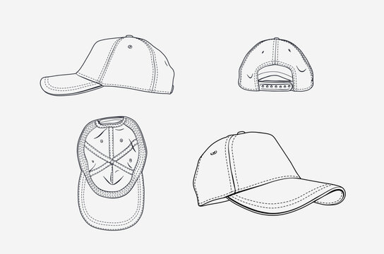 2d illustration of cap. Outline vector image set. Bottom, side, back and perspective view.