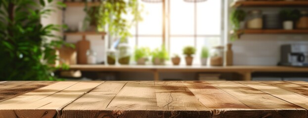 beautiful brown wood table top kitchen interior background and blurred defocused with daylight