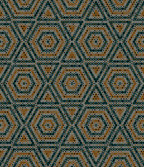 Seamless geometric pattern with concentric triangles and hexagons in white, green, and yellow on a black background. Dotted texture with small multicolored circles. Traditional ethnic design.