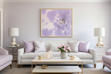A cozy yet modern living space showcasing an empty white frame against a wall painted in a serene and light lavender shade.