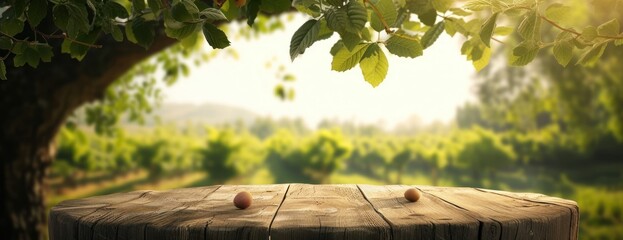 tree table wood podium in farm display for food perfume and other products on nature background