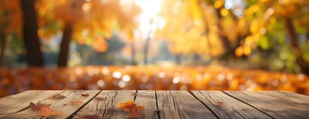 the empty wooden table top with blur background of autumn exuberant image 