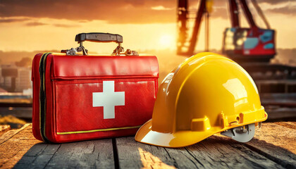 Closeup of a yellow safety helmet and a red first aid kit on a construction site. Concept of construction industry and workplace security. Generative Ai. - obrazy, fototapety, plakaty
