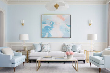 Fototapeta na wymiar A cozy yet refined living space showcasing an empty white frame against a wall painted in a serene and light sky blue shade.