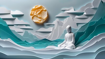 Paper Art Sculpture of Buddha in Mountain Landscape, To convey a sense of tranquility and spiritual connection with nature through the medium of