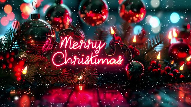 Сhristmas atmosphere. Тext Merry Christmas. Neon. Looped snow. Falling snowflakes. Generative AI.