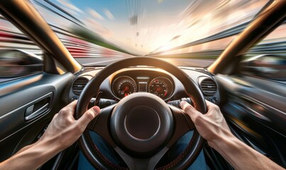 Hands gripping the wheel tightly during a high-speed drive, capturing the intensity of the moment