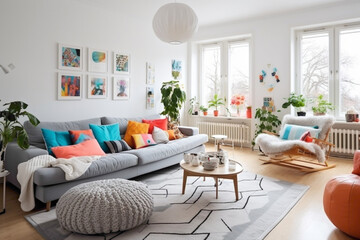 A family-friendly Scandinavian living room with functional furniture and playful pops of color.