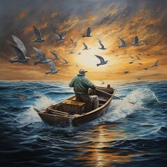 A fisherman in a motor boat, illustration. - obrazy, fototapety, plakaty
