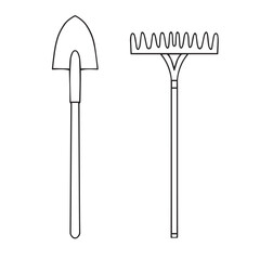 Set of garden tools. Rake and shovel. Caring for plants, gardens, and personal plots. Vector illustration. Vector illustration