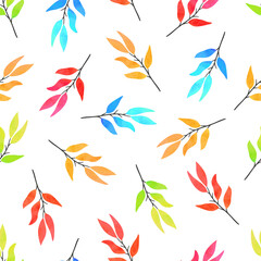 Abstract autumn pattern with colorful leaves and branches. Seamless watercolor vector illustration - 753012413