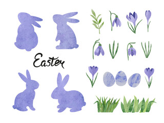 Easter watercolor set. Rabbits, eggs, flowers and branches design elements. Vector illustration - 753012414