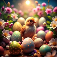 Obraz na płótnie Canvas Yellow chick surrounded by eggs on spring meadow or field with green grass with flowers. Easter concept for banner, flyer or poster.
