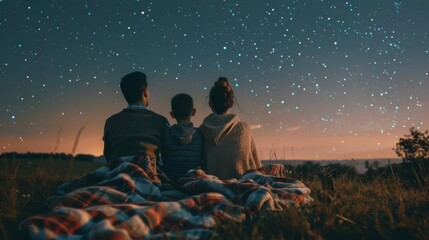 Back view of a family wrapped in a blanket, embracing each other while looking at a starry sky in the countryside.