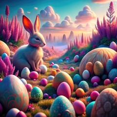 Cute  rabbit surrounded by colorful bright eggs and pink flowers.   Easter concept.