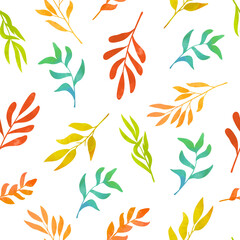 Colorful floral pattern with abstract leaves and branches. Vector watercolor autumn illustration