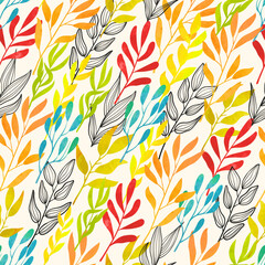 Colorful floral pattern with abstract leaves and branches. Vector watercolor illustration