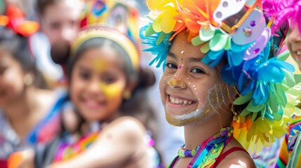 Close-up of a child's beaming smile, dressed in a festive and colorful costume with face paint at a carnival celebration.