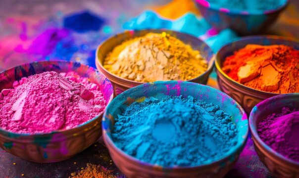 Holi with a close-up shot of colorful gulal, highlighting the vivid hues that symbolize the festival's spirit of love and joy