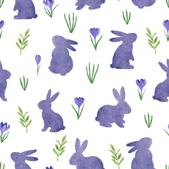 Seamless Easter pattern with watercolor bunny and crocus flowers