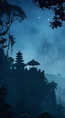 Balinese silence day poster and stories background 9:16 with night temple silhouette on a hill and starry sky in dark blue colours, with slightly canvas effect - 753012695