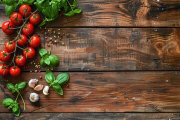 Food cooking border with cherry tomatoes, fresh green basil and garlic cloves top view on rustic colorful wooden background, ingredients for preparing meal, copy space. 