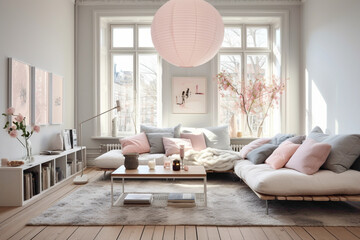 Harmonious blend of white and pastel colors in a Scandinavian living room with a touch of Scandinavian folklore.