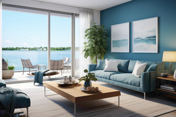 Modern comfort meets maritime charm in a living room featuring aqua throw blankets, navy accent walls, and a panorama of summer skies through large windows