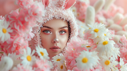 Young model in a pink easter costume with flowers in the background, Generative AI - 753013029