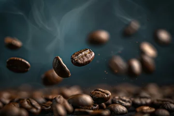 Gordijnen Grains of fresh roasted coffee close-up against a dark background. Coffee beans texture  © Straxer