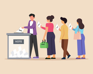 Election campaign People making decision and putting paper ballot in vote box democracy and government Vector illustration
