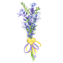 Hand-drawn watercolor illustration. Spring lavender bouquet with ribbon and bow and small heart. Valentine holiday gift