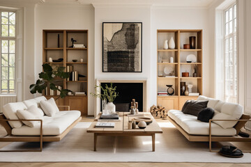 Modern meets traditional in a Scandinavian living room with a mix of sleek furniture and classic design elements.