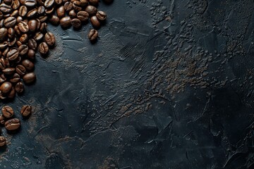 Grains of fresh roasted coffee close-up against a dark background. Coffee beans texture 
