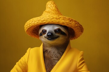 stylish sloth in a yellow dress hat