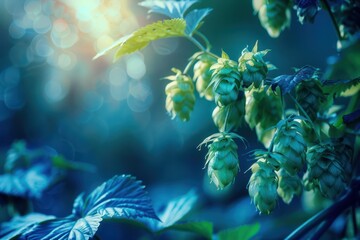 Green fresh hop cones for making beer and bread closeup , blue toned, agricultural background 