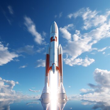 Flying space rocket against the sky, 3D render.