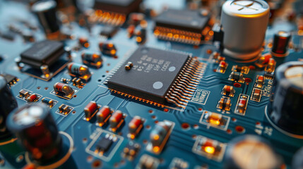 Fototapeta na wymiar integrated microchip. Computer Microchips and Processors on Electronic circuit board. Abstract technology microelectronics concept background. Macro shot, shallow focus. Electronic circuit board. 