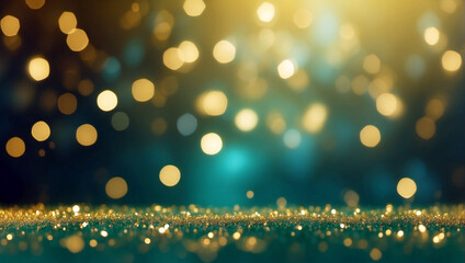 beauty of an abstract blur bokeh banner background, with a stunning combination of gold bokeh and defocused emerald green